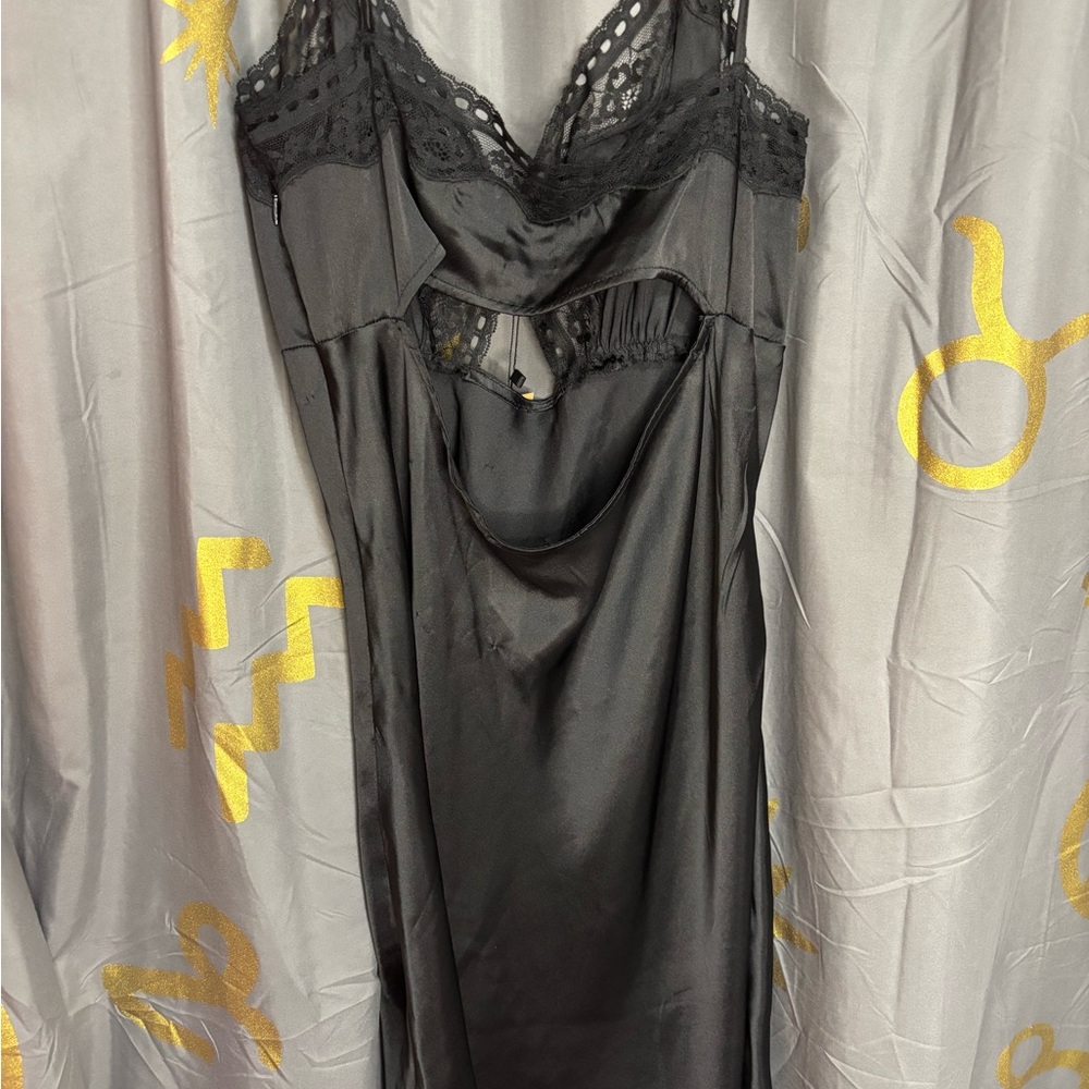 Nasty Gal Black Satin Lace-Trim Slip Dress - Picture 3 of 3